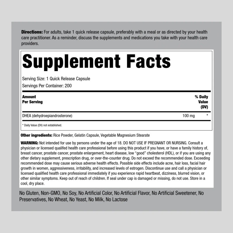 Piping Rock DHEA 100mg | 200 Capsules | Non-GMO, Gluten
