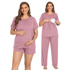 SWOMOG Women 3Pcs Maternity Pajama Set Nursing Pjs Pregnancy Set Breastfeeding Pjs Double Layer with Pockets Taro-purple X-Large