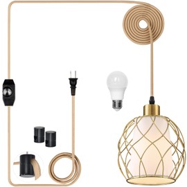 Ruzectt Plug in Pendant Light, Gold Hanging Lamp with Dimmable Switch, 15 ft Golden Cotton Cord, Hanging Light Fixture for Kitchen, Living Room, Bedroom (Bulb Included)