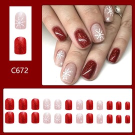 24Pcs Christmas Press on Nails Short Square - WLGDLH Red Glitter Fake Nails Nude Pink False Nails Press Ons Glossy Nail Art Tips With Snowflakes Design Acrylic Nail Kit for Women Christmas Decor