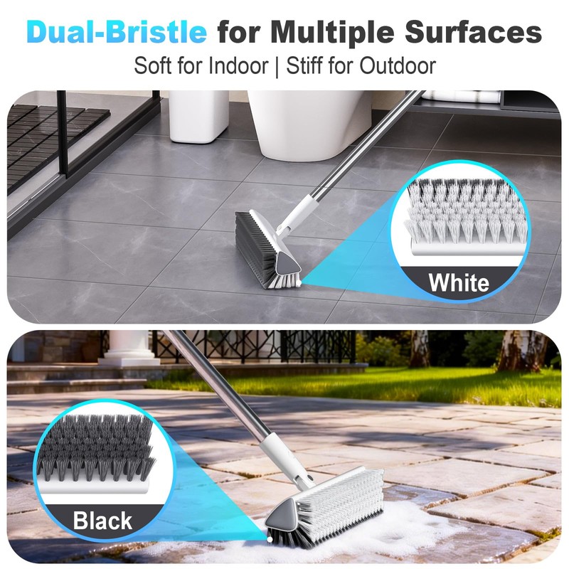 Floor Scrub Brush with Long Handle, Heavy-Duty Stiff Bristles, V-Shape