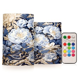 ALAZA White Navy Blue Flowers Floral Flickering Flameless Candles Battery Operated with Remote Timer,Tea Light Candles LED Pillar Votive Candles Set of 2 for Outdoor Indoor Decorations