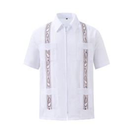 MAXJON Men's Short Sleeve Cuban Guayabera Shirts Full Zip Front Mexican Men Guayabera Shirts with Pockets (White,2XL)