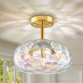 Gold Semi Flush Mount Ceiling Light, 12''& 3-Bulb Vintage Ceiling Light Fixture, Stained Glass Shade Hanging Hammered Lampshade for Hallway, Kitchen, Farmhouse, Foyer, Bedroom - Bulbs Not Included