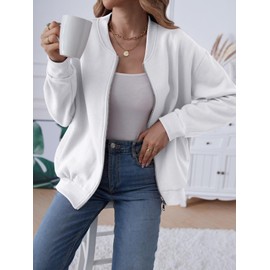 MEROKEETY Womens Long Sleeve Zip Up Sweatshirts Jackets Casual Loose Outwear with Pockets, White, Medium