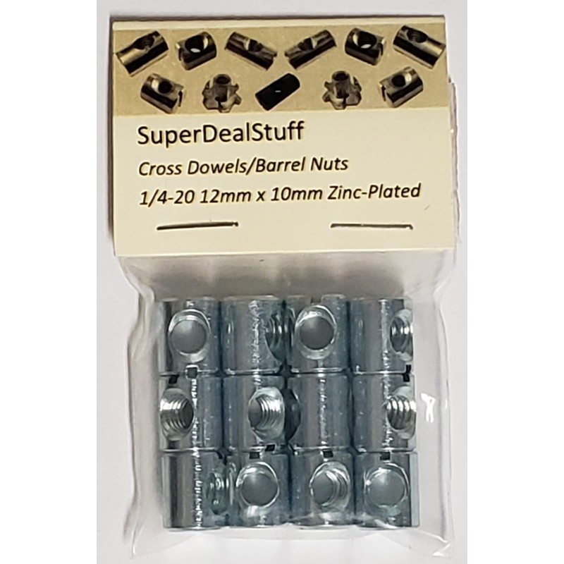 (12) Cross Dowels/Barrel Nuts - 1/4-20 12mm X 10mm Zinc-Plated