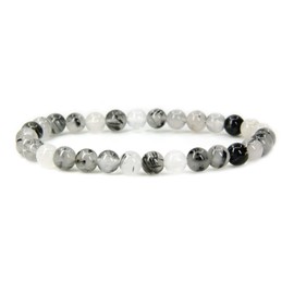 Natural Black Rutilated Quartz Gemstone 6mm Round Beads Stretch Bracelet 7" Unisex