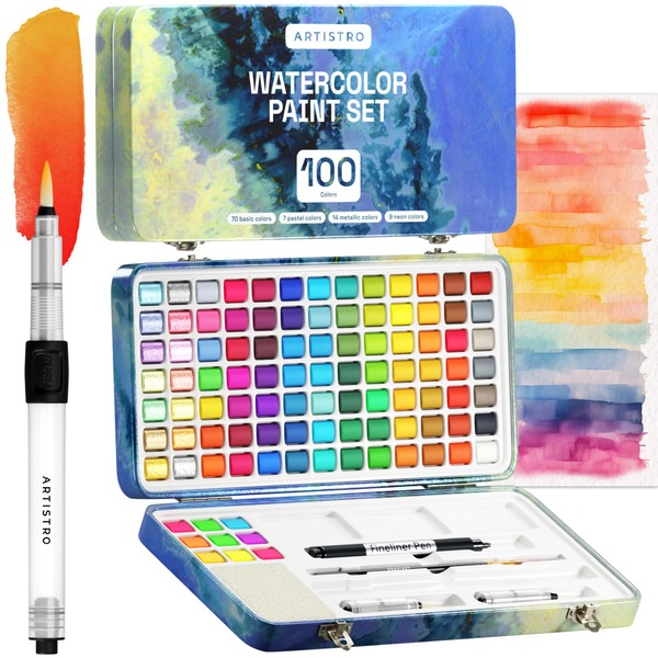 ARTISTRO Watercolor Paint Set, 100 Vivid Colors in Portable Box, Including Metallic, Fluorescent, Pastel Colors. Perfect Travel Watercolor Set for Artsits, Amateur, Hobbyists and Painting Lovers