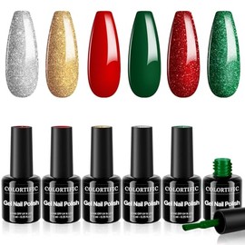 Esmalte de uñas en gel navideño, calidad de salón, 6 colores, verde, rojo, dorado y plateado, juego de esmaltes en gel para manicura con luz UV LED,  