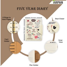 Five 5-Year Diary Organizer - Undated Daily Planner Journal Book - Stud Button Closure - A5 Writing Paper - Faux Leather Inspirational Slogan Art Cover, by Arpan (Cream)
