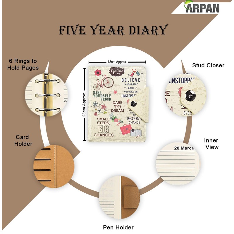 Five 5-Year Diary Organizer - Undated Daily Planner Journal Book