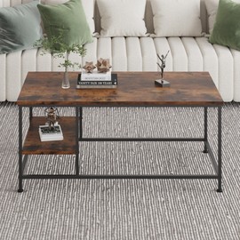 SENIG Brown Rectangle Wood and Metal Coffee Table with Storage Shelf for Small Living Rooms with Shelf