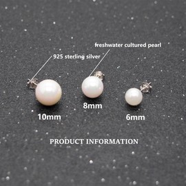 Bellitia Jewelry Freshwater Cultured Pearls 925 Sterling Silver Stud Earrings, Pearl Earrings Round Ball Pearls Stud Earrings Hypoallergenic, Mixed Sizes 6mm 8mm 10mm for Women