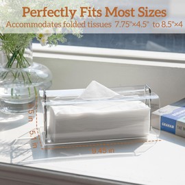 Acrylic Tissue Box Holder Rectangle​ with Curved Design - Decorative Modern Crystal Clear Tissue Box Cover with Silver Metal Accents for Home/Office Décor
