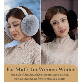 Unning Winter Earmuffs Women's Foldable & Adjustable Ear Warmers Faux Fur Soft Ear Protection Ear Muffs Ear Warmers for Women, A2-black+grey
