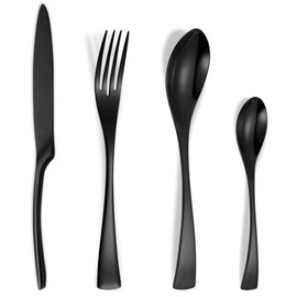 Lemeya 24-Piece Black Silverware Set for 6,Heavy Duty 18/10 Stainless Steel Cutlery Set with Forged Stand Knife,Modern Flatware Utensil Set,Forks Spoons and Knives Set,Mirror Polished,Dishwasher Safe