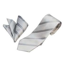 MICHIKO LONDON Formal Necktie & Pocket Square Set, Michiko Longdon Brand Silk Necktie, Made in Japan, Wedding (Silver s1 Stripe), Silver