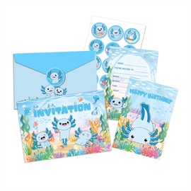 WADACIPPSELLER 12Pcs Blue Axolotl Birthday Party Supplies Invitation Cards with Envelopes and Stickers for Blue Axolotl Birthday Party Decorations