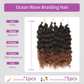 24 Inch Ocean Wave Crochet Hair 6 Packs Deep Wave Braiding Hair Curl Crochet Synthetic Braids Hair Extension for Women (1B/30#, 24 Inch 6 Packs)