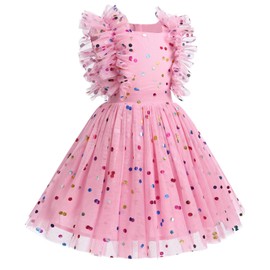 Blush Pink Flower Girl Dress Color Polka Dots Pleated A-line Tutu Tulle Dress for Toddler Kids Ruffle Sleeveless Princess Birthday Party Pageant Wedding Bridesmaid Formal Occasion Pink Dots 7-8Y