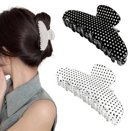 Paquete de 2 pinzas medianas para el cabello para mujer, 3.93 pulgadas, grandes, blancas y negras, con lunares, pinzas de sujeción fuerte para cabello