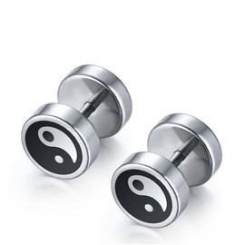 Ying Yang Mens Earrings Stainless Steel Fake Plug Stud Barbell Stretcher 8mm