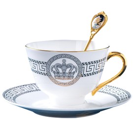 LE POTOCIO Euro Style Bone China Tea Cup and Saucer Set, Tea Coffee Cups and Saucers Set of 1, 7.03 oz Coffee/Tea Cup Set with Saucer and Spoon for Tea Party (Golden Crown)