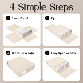 TOSORO 6 Pack Bed Sheet Organizer and Storage, Foldable Storage Bed Sheet Organizer for Linen Closet with Viewing Window & Label for Bedding Sheets & Blankets (Queen & King Size) Cream