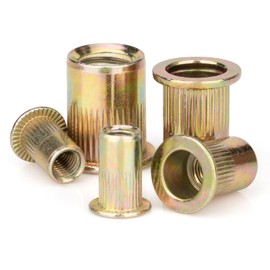 Vmuter Rivet Nuts 130Pcs Kits, 40pcs #10-24, 40pcs #8-32, 30 pcs 1/4-20, 10 pcs 5/16"-18, 10 pcs 3/8-16UNC Rivet Nut, Carbon Steel Flat Head Rivnut Threaded Insert Nut, Knurled Body Nuts