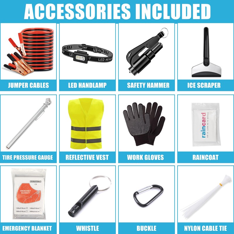 AUTODECO Roadside Emergency Kit Car Safety Kit with Jumper Cables