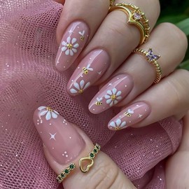 Rchovsam Pink Nails Press Ons Medium Almond Press on Nails White Flowers Design Fake Nails Full Cover Gel False Nail Kit for Womens 24pcs