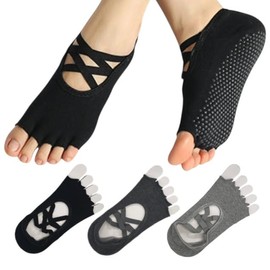 Treasure Correct Yoga Socks, Set of 3, Inconspicuous, Anti-Slip, 5 Toes, No Toes, Hard to Take Off, Women's, Pilates, Socks, Stylish, Cute, Summer, Black, B, monotone fingerless