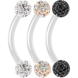 3pc 16g 1.2mm Flexible Acrylic Curved J-Curve Barbell Cartilage Bar Tragus Eyebrow Earrings Auricle Crystal CZ Gem 8mm
