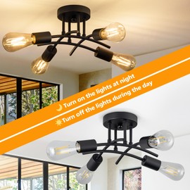 Eidonta Industrial 4-Light Semi Flush Mount Ceiling Light Fixture, Modern Black Close to Ceiling Light, E26 Base Chandelier Lighting, Farmhouse Pendant Lamp for Hallway Kitchen, 2 Pack