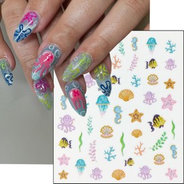 6Pcs Summer Nail Stickers for Nails Art 3D Self Adhesive Beach Nail Decals Tropical Octopus Crab Sea Turtle Shell Design Ocean Nail Supplies Accessories Seahorse Starfish Nail Art Stickers for Women