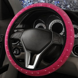 Steering Wheel Covers with Bling Rhinestones, 38 Cm/15 Inch Universal Fit Steering Wheel Cover Girly Boys with Sparkly Crystal Diamond, Anti-Skid Car Steering Wheel Protective Cover (Rose)