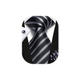 Enlision Mens Ties Stripe Tie and Pocket Square Set Classic Formal Woven Neckties Handkerchief Cufflinks Wedding, A02-black& Silver Grey, One Size