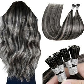 LaaVoo Itip Human Hair Extensions Balayage Natural Black Mix Silver Grey I Tips Hair Extensions Real Human Hair black I Tip Hair Extensions Human Hair Pre Bonded 14 inch 50g 60s