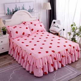 Loussiesd Cute Strawberry Bed Sheet for Girls Kawaii Japanese Anime Fitted Sheet 3 Side Coverage 14 Inch Drop Dust Ruffle Bed Skirt 3 Piece 1 Falt Sheet & 2 Pillowcases (Double)