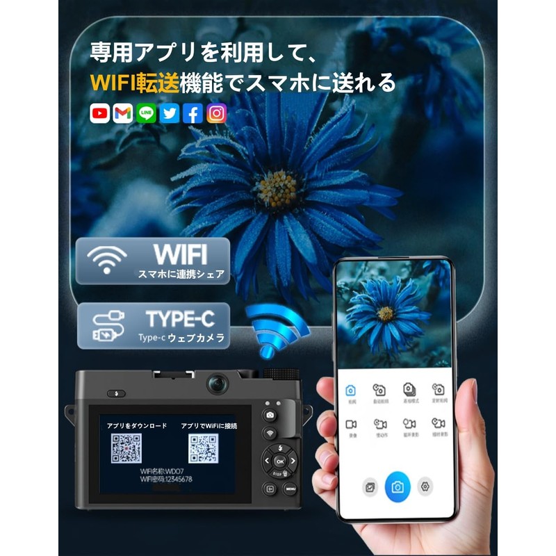 YULINJIA 5K デジタルカメラ スマホに送れる デジカメ デュアルレンズ WIFI転送機能 7500万画素 64GBマイクロSDカード付き 18倍デジタルズーム