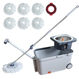 Tikaa Atok Spin Mop and Bucket with Wringer Set, Bucket with Handle & Wheels, Wiht 6 Microfiber Mop Heads and Brush for Cleaning, 360° Spinning with 60 Inch Extended Pole