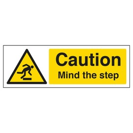 V Safety 63033AX-R Caution Mind The Step Sign - Landscape - 300mm x 100mm - 1mm Rigid Plastic, Black/Yellow