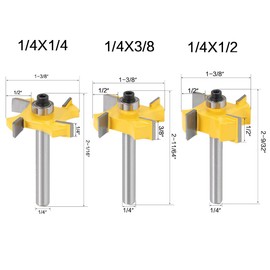 Bestgle 3pcs 1/4 Inch Rabbeting Router Bit Set 4 Wings Slotting Cutter Bit with Top Bearing for Woodworking Milling Cutter Tool 1/4" 3/8" 1/2"