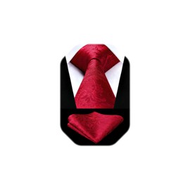 HISDERN Mens Solid Red Paisley Wedding Tie Handkerchief Men's Necktie & Pocket Square Set For Wedding