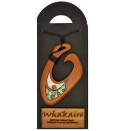 Maui Maori Fish Hook Pendant, Hand Carved in New Zealand from Native Rimu Wood with Paua Inlay, Wood, No Stone, Wood, no stone