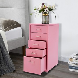28 Inch Metal File Storage Cabinet,5 Drawers Freestanding Office File Cabinet Drawer Organizer with Wheels, Mobile Vertical Storage Cabinet for Bedroom Living Room Office Study (Pink)