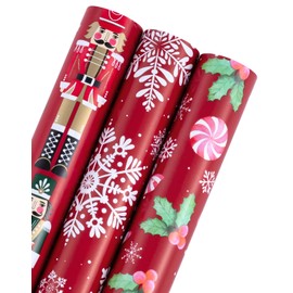 WRAPAHOLIC Christmas Wrapping Paper Roll - Mini Roll - 3 Rolls - 17 Inch x 120 Inch Per Roll - Red Nutcracker, Snowflake, Candy cane and Holly Holiday Collection