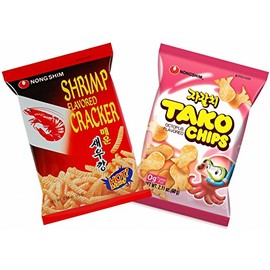 Nongshim Spicy Shrimp Cracker, Tako Chips - Combo Pack (Pack of 2)