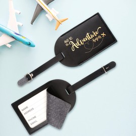 Bubuyun Suitcase Tag, 2 Pieces Luggage Tags + 1 x Passport Cover PU Leather Suitcase Tag Gold Print Travel Bag Labels ID Label with Address Label Name Plate Privacy Screen Travel Gift Black, black