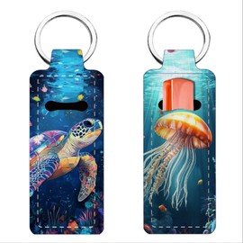 FREEBLOSS 2Pcs Chapstick Holder Keychain Lip Balm Holder Keychain Lightweight Lipstick Sleeve Pouch with Sea Animals Pattern for Women Girls 9.6x3.8cm